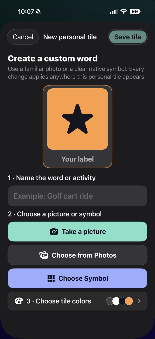 The Create a custom word sheet in SteadyTouch, with a preview tile, a field for naming the word or activity, and three ways to give it a picture: Take a picture, Choose from Photos, or Choose Symbol.