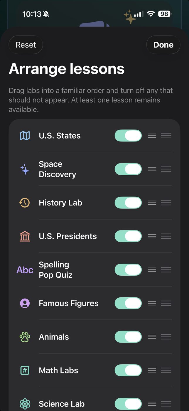 The Arrange lessons screen in SteadyTouch, listing U.S. States, Space Discovery, History Lab, U.S. Presidents, Spelling Pop Quiz, Famous Figures, Animals, Math Labs and Science Lab, each with its own on-off switch and a drag handle for reordering.