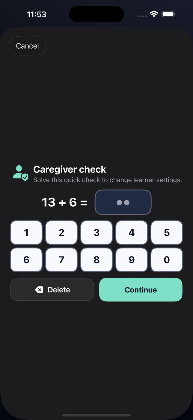 The caregiver check in SteadyTouch: a short arithmetic question, thirteen plus six, with a number pad and a Continue button, shown before any learner setting can be changed.