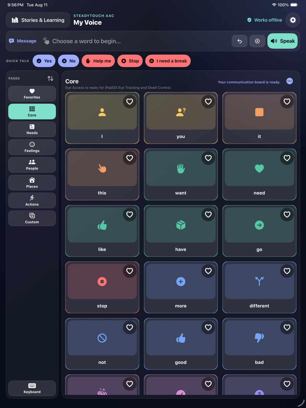 The SteadyTouch board in Eye Access mode on iPad, with three large tiles per row, a favorite heart on each tile, and a banner reading Eye Access is ready for iPadOS Eye Tracking and Dwell Control.