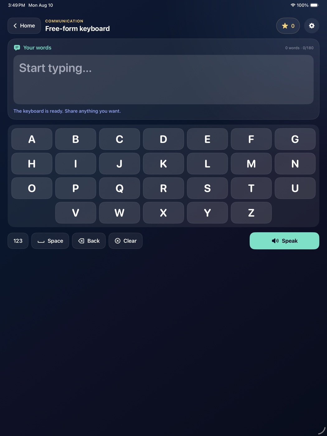 The SteadyTouch free-form keyboard on iPad, with a large alphabet layout and a message area above it.