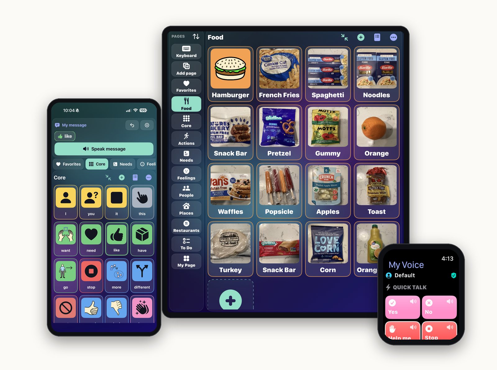 SteadyTouch running on three devices: an iPhone showing the Core communication board with tiles for I, you, it, this, want, need, like and have; an iPad showing a Food page whose tiles are real photographs of hamburger, french fries, spaghetti, waffles, apples and more; and an Apple Watch showing the Quick Talk list with Yes, No, Help me and Stop.