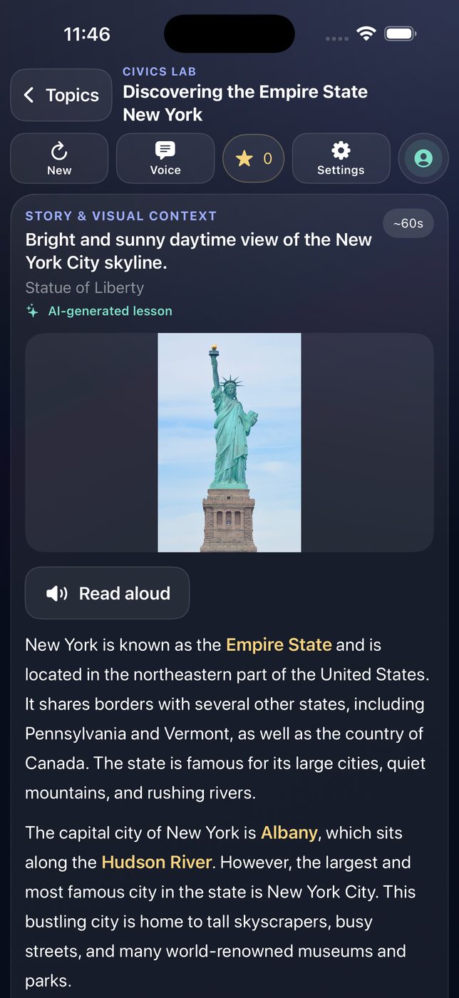 A SteadyTouch lesson titled Discovering the Empire State, New York, generated in the Civics Lab. A photograph of the Statue of Liberty sits above the passage, a Read aloud button starts narration, and answer words including Empire State, Albany and Hudson River are highlighted in the text.