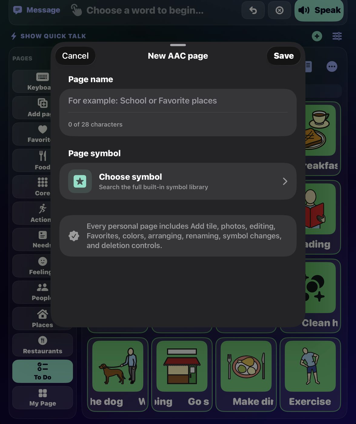 The New AAC page sheet in SteadyTouch, with fields for a page name and a page symbol, and a note explaining that every personal page includes add tile, photos, editing, favorites, colors, arranging, renaming, symbol changes and deletion controls.