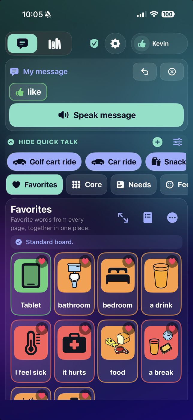 SteadyTouch on iPhone with the Quick Talk row open above the board, offering Golf cart ride, Car ride and Snack, while the Favorites page below keeps its own tiles for tablet, bathroom, bedroom, a drink, I feel sick, it hurts, food and a break.