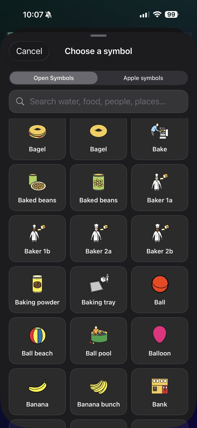The Choose a symbol screen in SteadyTouch, with a search field reading Search water, food, people, places and a grid of labeled symbols below it including bagel, baked beans, baker, baking powder, ball, banana and bank.