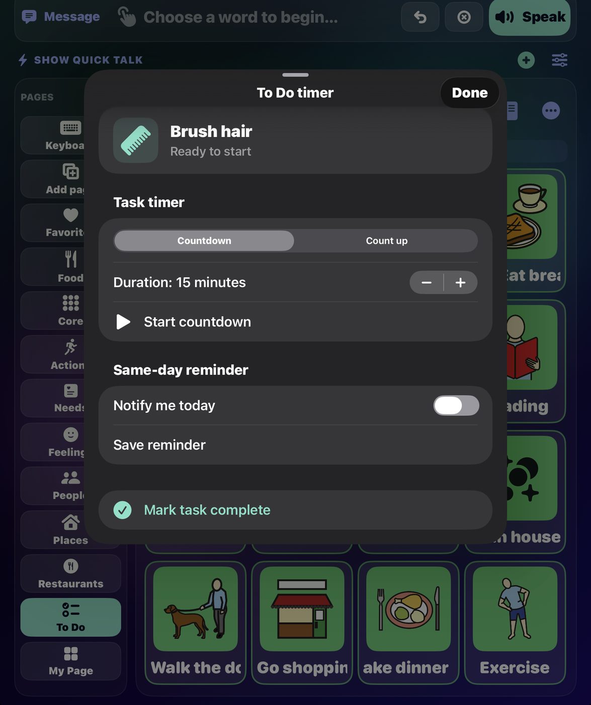 The To Do timer sheet in SteadyTouch, open over the To Do page. It shows the task Brush hair ready to start, a task timer switched to Countdown with a duration of 15 minutes, a Start countdown button, a same-day reminder with Notify me today, and a Mark task complete control.