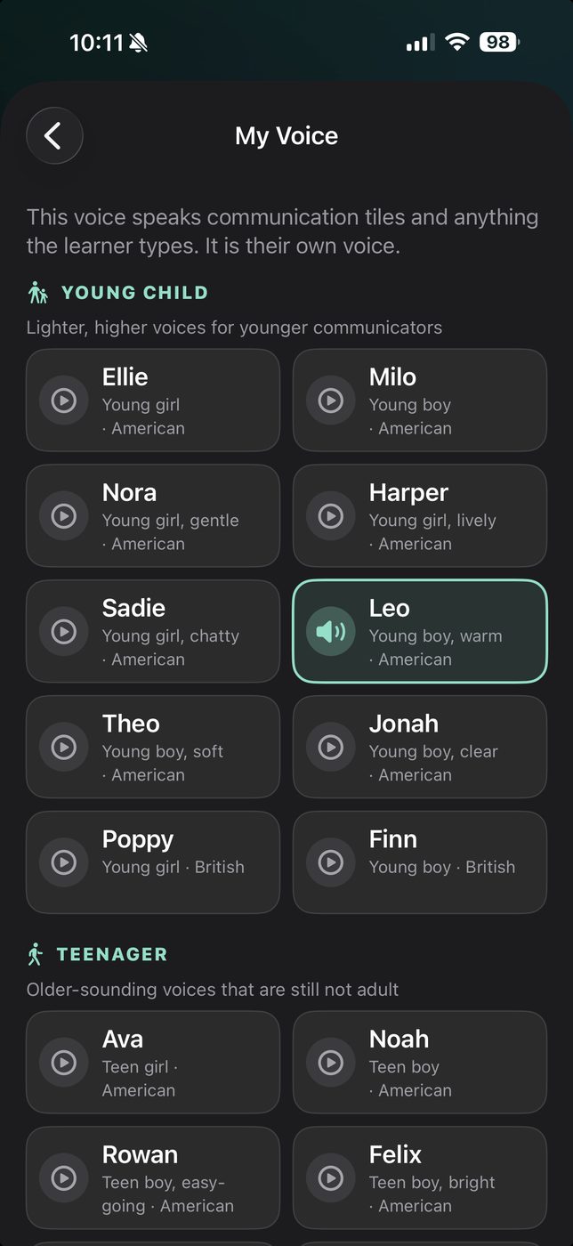 The SteadyTouch voice picker, grouped by how old each voice sounds. A Young child band lists Ellie, Milo, Nora, Harper, Sadie, Leo, Theo, Jonah, Poppy and Finn in American and British accents, with Leo selected, and a Teenager band lists Ava, Noah, Rowan and Felix.